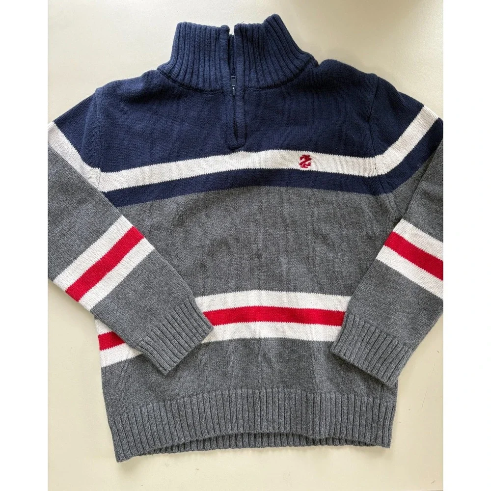IZOD‎ Sweater Pullover 1/4 Zip Boys XS (4/5) Blue Gray Red White Logo Preppy